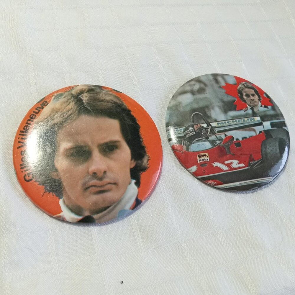 Two strange & unusual vintage button pins featuring Gilles Villeneuve